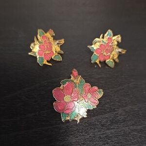 Floral Pink & Green Cloisonné Set